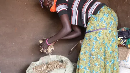 A woman bends over to grab straw out of a cloth bag.