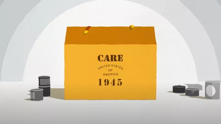 An illustrated graphic of a CARE Package that reads "CARE - United States of America - 1945"