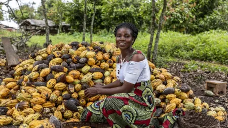 Ivorian lady sitting next to cocoa