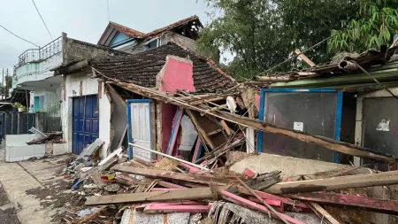 Rubble of a house destroyed by the eathquake