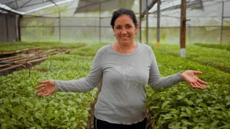 Cuba_Woman in greenhouse with growing greens