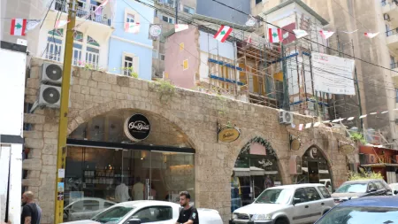 Lebanon_Street with Lebanese flags by restaurants and busy traffick road