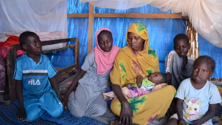 Azila Adam Abakora, a displaced mother of 6 from Sudan with her children in Metche Camp, Chad.