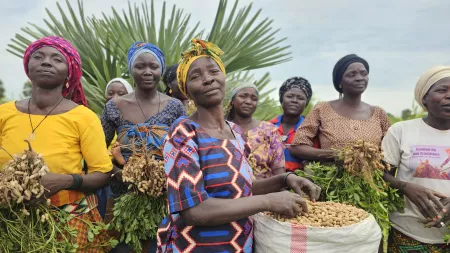 Marceline (front center) packing peanuts in a bag, helping her group members with the freshly harvested peanuts. 