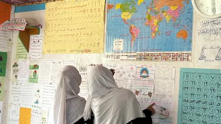 Back of girls wearing white veils pointing to papers in a classroom's wall