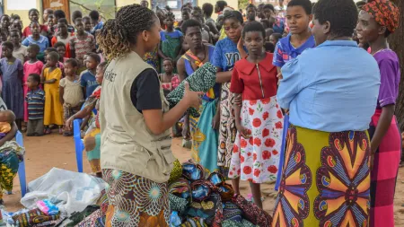Women and girls receive hygiene and dignity kits after a tropical cyclone.
