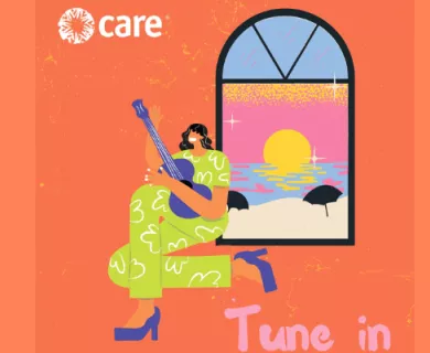 Illustration of woman playing the guitar with window in the background