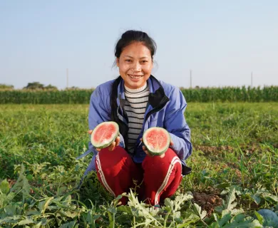 Cambodia_Woman in red sweatpants kneeling in farm holding melon