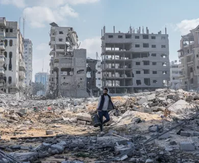 Man walking on rubble