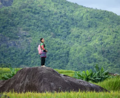 Girl on top of rock looking up in a green area