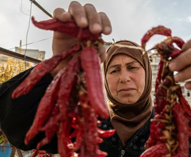 Woman wearing brown headscarf holding dried peppers
